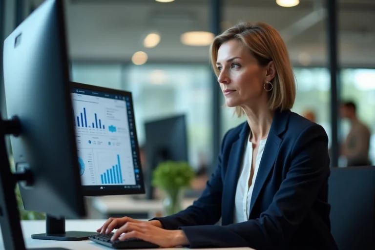 Femme professionnelle utilisant le portail informatique Open Syd sur un grand écran d'entreprise dans un bureau moderne