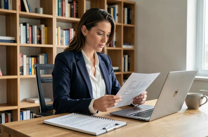 Femme professionnelle en veste marine révisant son CV à son bureau à domicile lors d'une recherche d'emploi