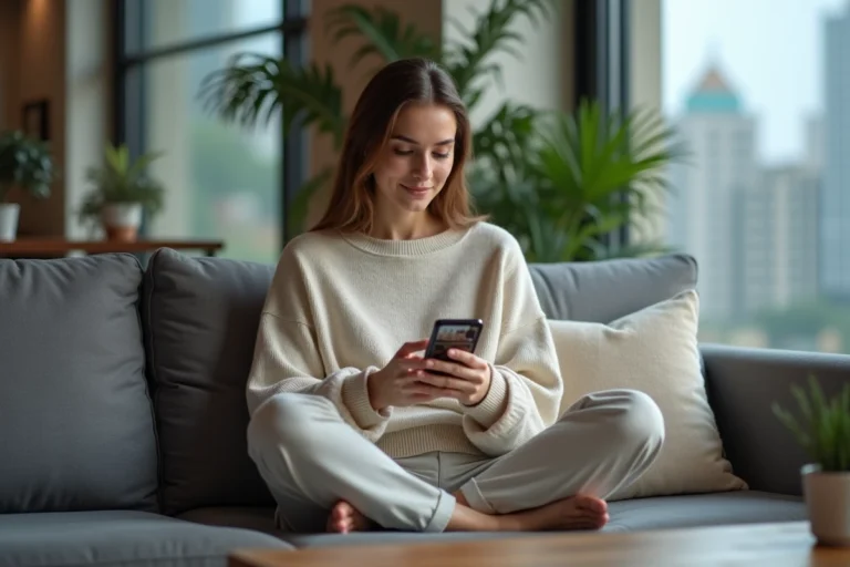 Jeune femme regardant du streaming vidéo sur son smartphone Android depuis son canapé moderne