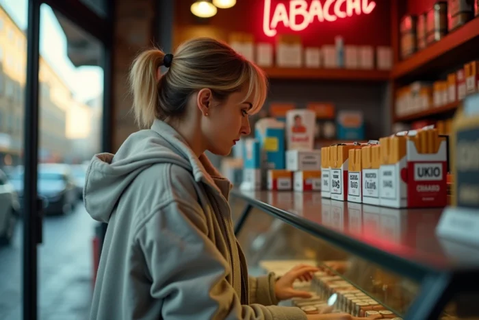 Femme consultant les prix des cartouches de cigarettes dans un tabac moderne en Italie