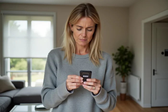 Femme tenant une télécommande Simu pour volet roulant et inspectant son fonctionnement dans un salon moderne