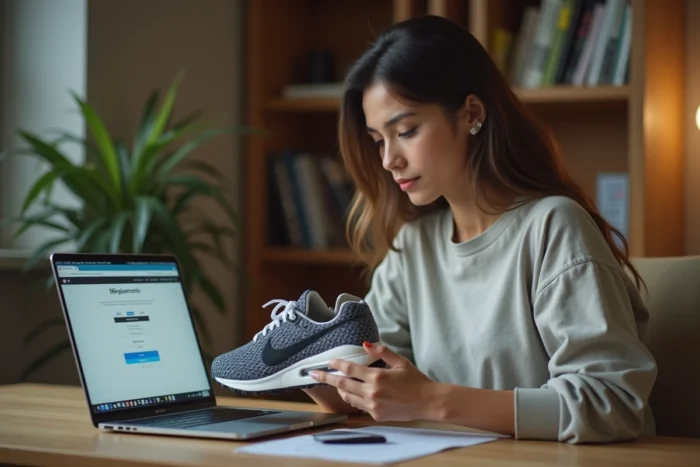 Femme vérifiant l'authenticité de chaussures Nike en comparant le numéro de série sur un site web spécialisé