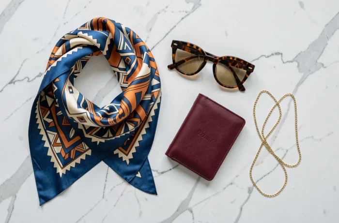 Plat posé d'accessoires de mode incluant foulard en soie, lunettes écailles, portefeuille bordeaux et collier doré sur marbre blanc