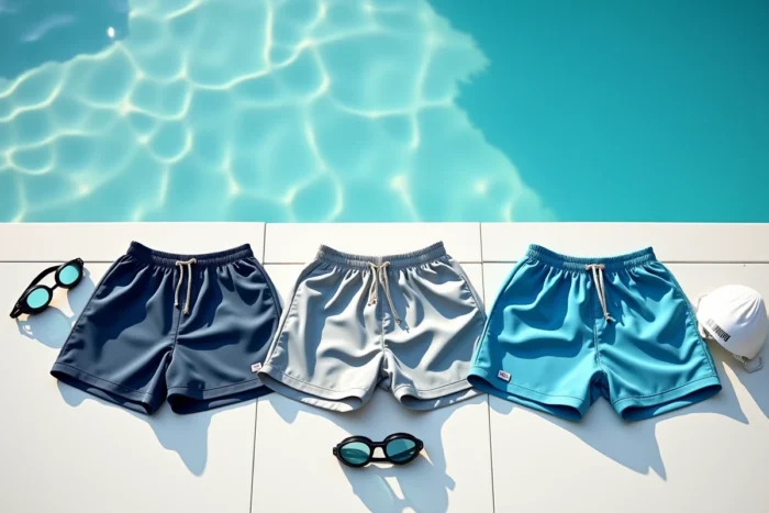 Flat lay de trois shorts de bain avec filet intérieur, étiquettes et accessoires de piscine sur carrelage blanc