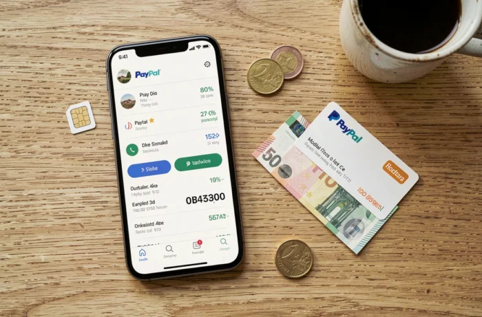 Vue de dessus d'un smartphone affichant PayPal entouré d'une carte SIM, d'un bon de recharge mobile et de billets en euros sur une table en bois