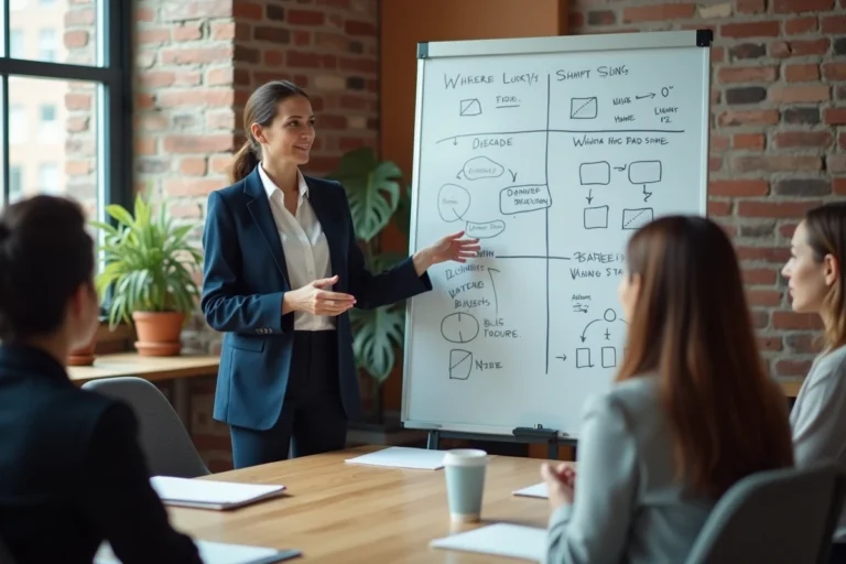 Femme entrepreneuse animant une formation pour d'autres femmes dans un espace de coworking moderne