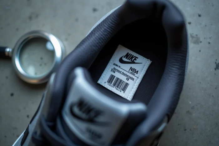 Gros plan sur l'étiquette intérieure d'une Nike avec numéro de série et code-barres pour vérification d'authenticité