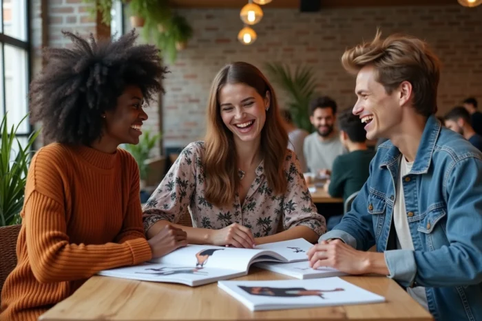 Groupe de jeunes adultes branchés discutant de tendances mode autour d'un lookbook dans un café créatif