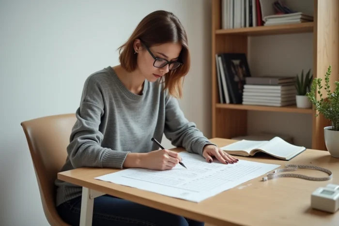 Femme consultant un guide des tailles et un mètre ruban sur un bureau en bois pour comprendre les mensurations d'une taille 38 femme