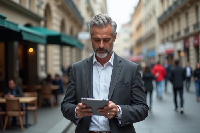Homme d'affaires lisant les actualités sur une tablette dans une rue commerçante d'une ville européenne