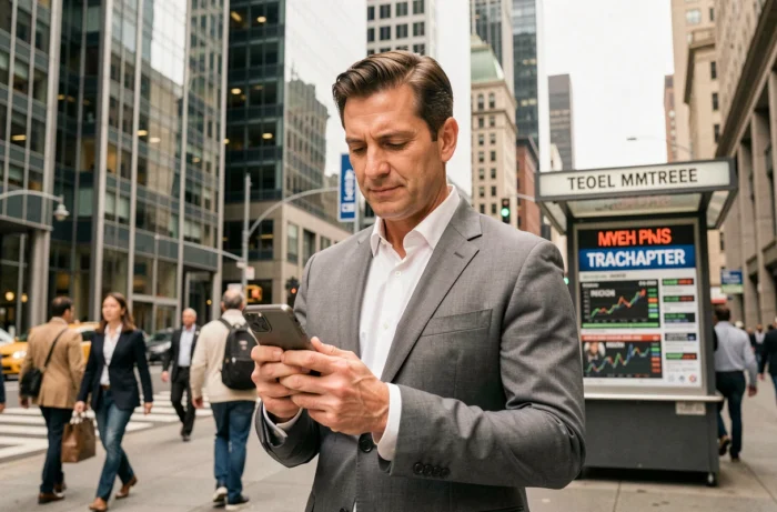 Homme d'affaires consultant les actualités financières sur smartphone dans un quartier d'affaires animé en 2024