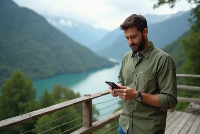 Homme consultant une application d'investissement ESG durable sur une terrasse avec vue sur les Alpes suisses