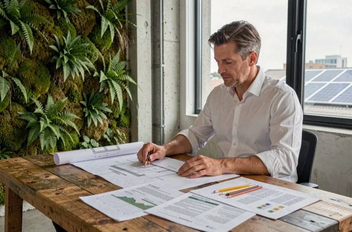 Homme consultant des plans environnementaux dans un bureau éco-responsable avec mur végétal