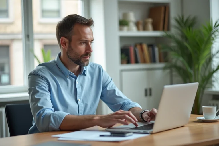 Homme comparant des offres de crédit en ligne sur un ordinateur portable dans un bureau à domicile moderne
