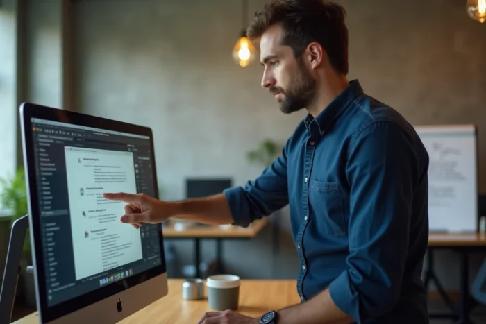 Homme copiant un lien direct d'image sur une plateforme d'hébergement depuis son ordinateur de bureau au bureau