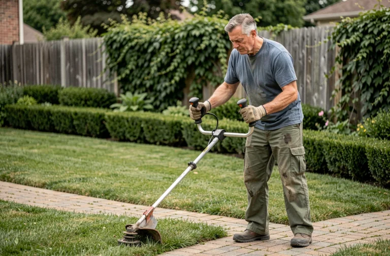 Homme utilisant un coupe-bordure thermique pour délimiter les bords d'une pelouse dans un jardin résidentiel soigné