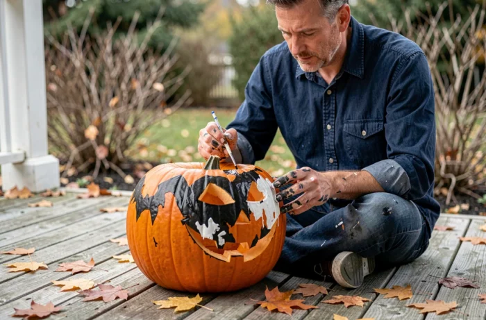 Man painting the details of a sculpted pumpkin on a wooden porch surrounded by autumn leaves