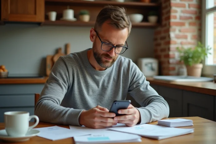 Homme gérant son épargne Alis BNP Paribas depuis son domicile avec un smartphone
