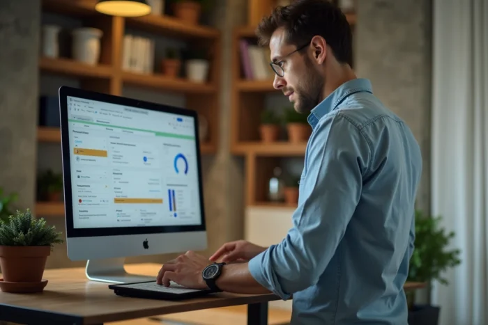 Homme d'affaires gérant un portail de gestion informatique sur ordinateur portable et tablette dans un espace de coworking