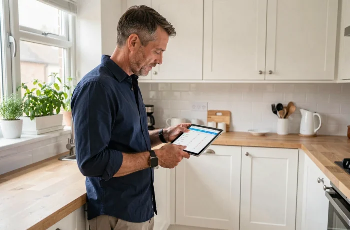 Homme gérant ses tâches quotidiennes sur une tablette dans une cuisine moderne grâce à un outil d'organisation