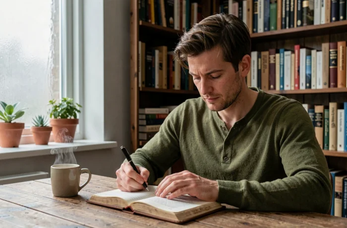 Homme écrivant ses rêves dans un journal en cuir le matin, symbolisant l'analyse et l'interprétation des rêves