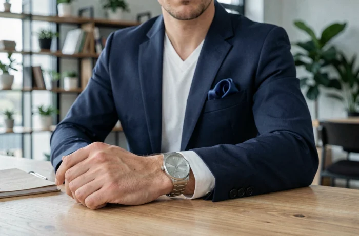 Homme en costume marine portant une montre argentée minimaliste dans un espace de travail moderne