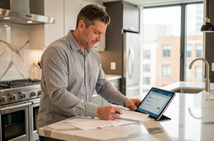 Homme organisant des documents importants avec une application de coffre-fort numérique sur tablette