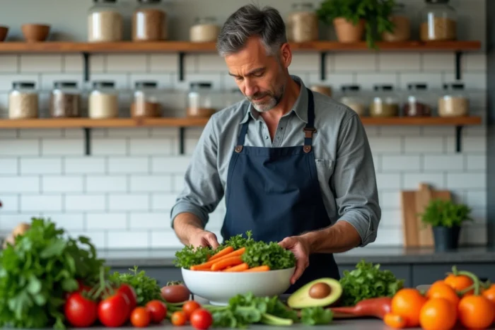 Homme préparant un repas sain avec des légumes frais et colorés dans une cuisine moderne pour illustrer une alimentation équilibrée au quotidien