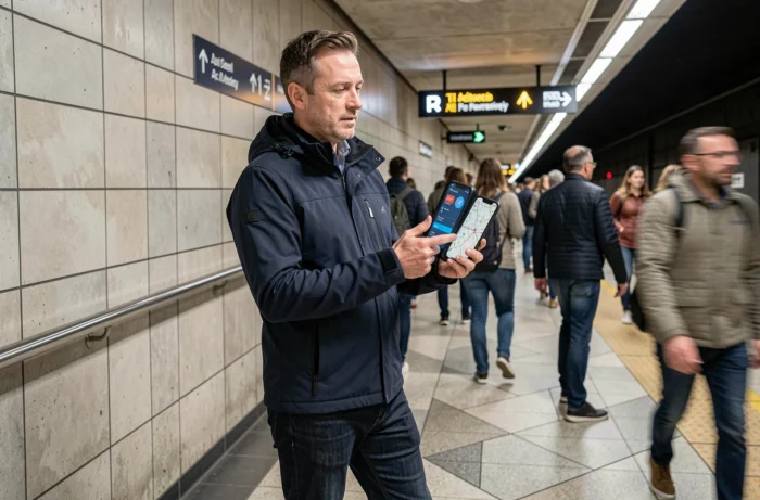 Homme consultant un smartphone pliable avec intelligence artificielle dans une station de métro urbaine
