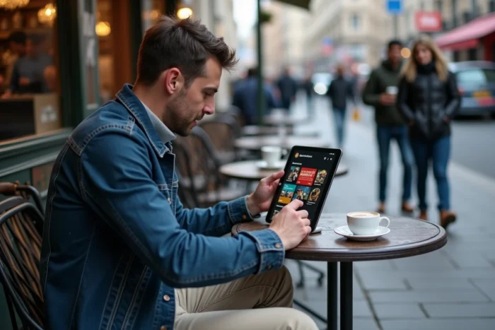 Homme utilisant une application de streaming vidéo sur tablette en terrasse de café parisien