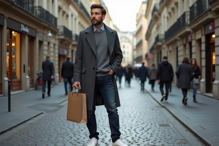 Homme tendance en manteau charbon portant un sac de mode dans une rue pavée d'une ville européenne