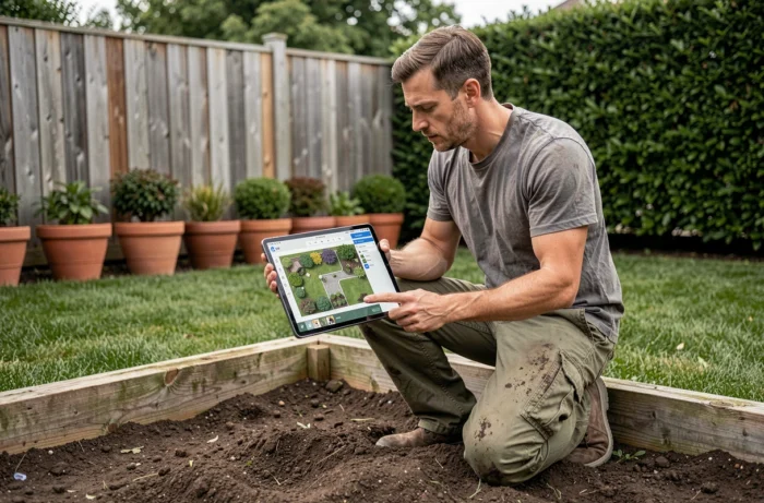 Homme consultant un logiciel de planification de jardin sur tablette devant un carré potager dans un jardin résidentiel