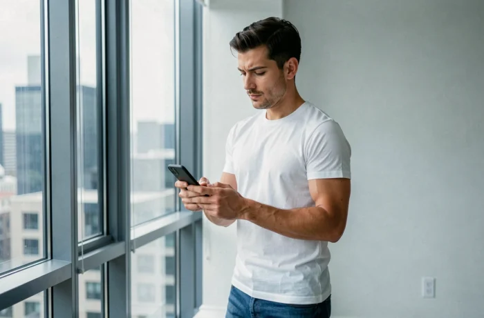 Homme utilisant son smartphone pour transférer le crédit de son forfait mobile vers PayPal dans un appartement moderne