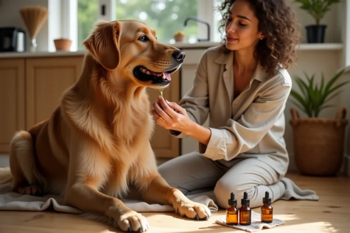 Femme appliquant une huile essentielle naturelle sur le pelage d'un golden retriever pour soulager les démangeaisons