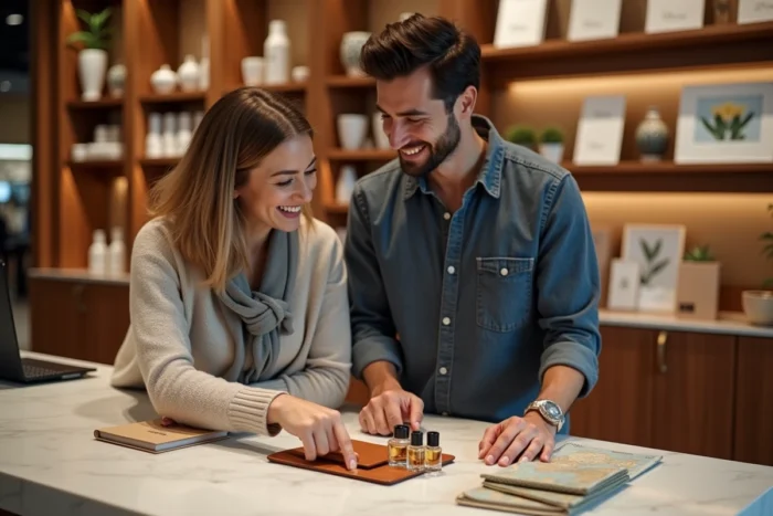 Deux amis choisissant des idées cadeaux et messages pour un voyage de noces dans une boutique moderne