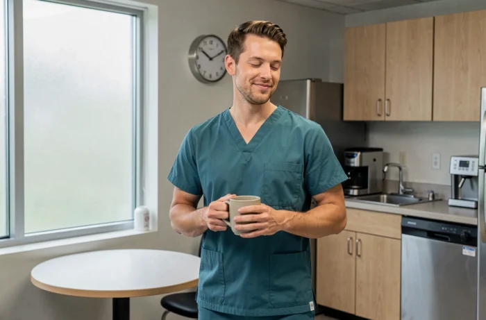 Infirmier en pause dans la salle de repos d'un hôpital tenant une tasse de café les yeux fermés