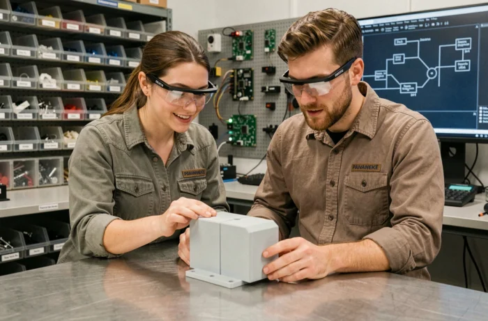 Deux ingénieurs collaborant sur un prototype électronique avec des lunettes connectées dans un laboratoire de prototypage high-tech