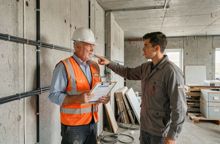 Inspecteur et électricien sur un chantier de rénovation vérifiant la conformité électrique pour la validation du Consuel