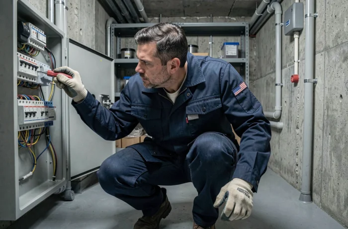 Électricien inspectant un tableau électrique résidentiel pour optimiser et sécuriser l'installation électrique de la maison