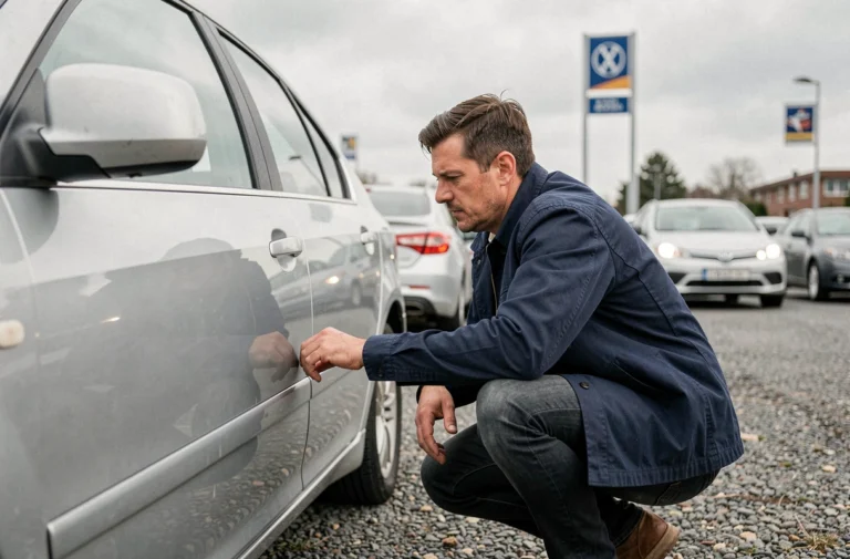 Homme inspectant une voiture d'occasion dans un parking de concessionnaire