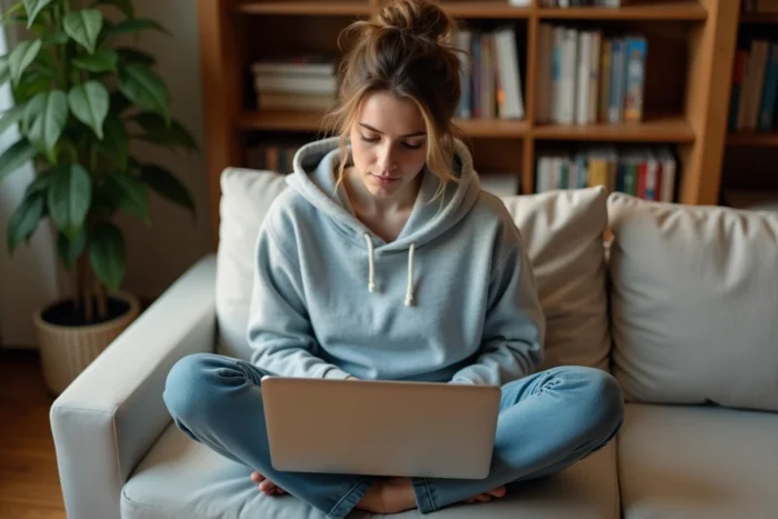 Jeune femme parcourant un site d'actualités sur son ordinateur portable dans un salon cosy