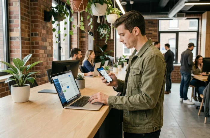 Jeune professionnel consultant des offres d'emploi sur ordinateur portable dans un espace de coworking urbain