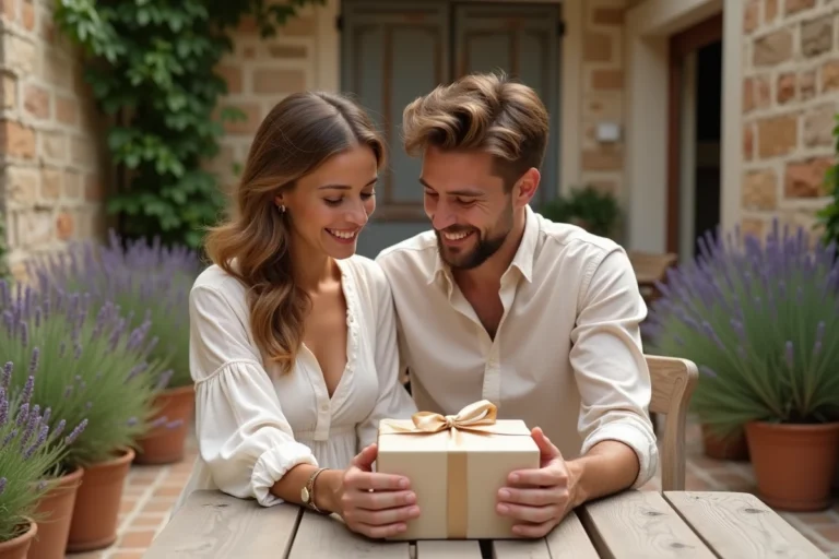 Jeunes mariés découvrant un cadeau de voyage de noces dans une cour provençale ensoleillée