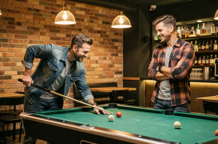 Deux joueurs disputant une partie sur un billard chauffant dans un bar moderne avec murs en briques