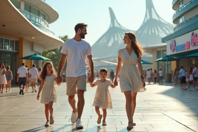 Famille enthousiaste à l'entrée du Futuroscope, prête à profiter de sa journée dans le parc