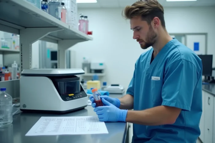 Technicien de laboratoire analysant des échantillons sanguins pour mesurer les transaminases ASAT et ALAT chez l'enfant