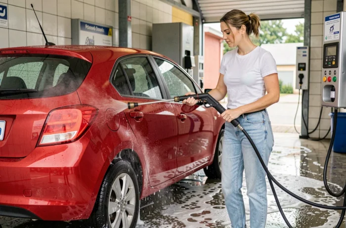 Femme utilisant un karcher en libre-service pour rincer sa voiture rouge dans une station de lavage à Metz