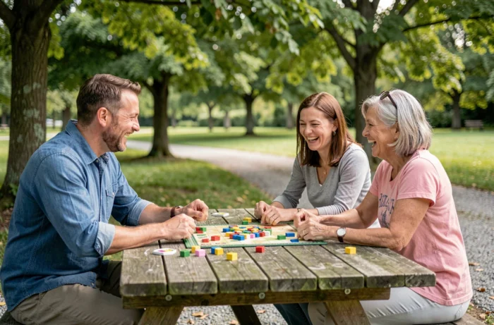 Groupe d'adultes de différents âges jouant à un jeu de société à une table en bois dans un parc verdoyant, symbolisant le partage de loisirs conviviaux en plein air