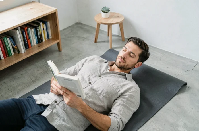 Jeune homme détendu allongé sur un tapis de yoga dans un appartement minimaliste, lisant un livre en profitant d'un moment de détente et de loisir chez soi
