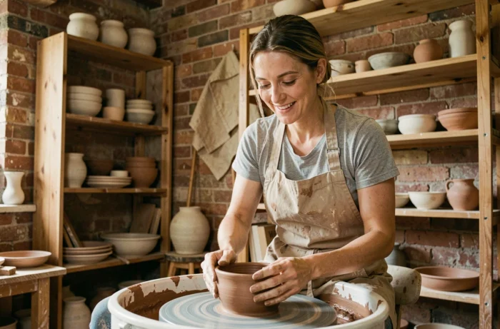 Femme adulte concentrée sur un tour de poterie dans un atelier artisanal aux murs en briques, illustrant un loisir créatif accessible à tous